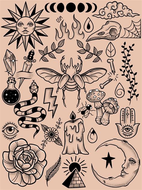 Minimalist Temporary Tattoo Flash Sheet Set Of 35 Small Tattoos