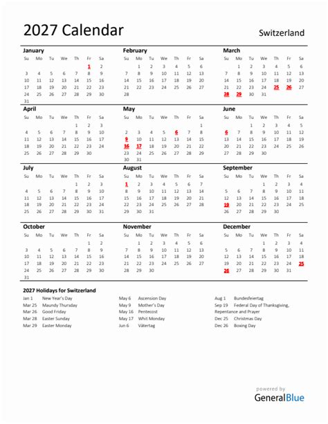 Standard Holiday Calendar For 2027 With Switzerland Holidays