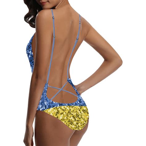Blue Yellow Ukraine Flag Glitter Faux Sparkles Sexy Lacing Backless One