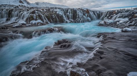 Nature Landscape Waterfall Water Rock Clouds Iceland Winter