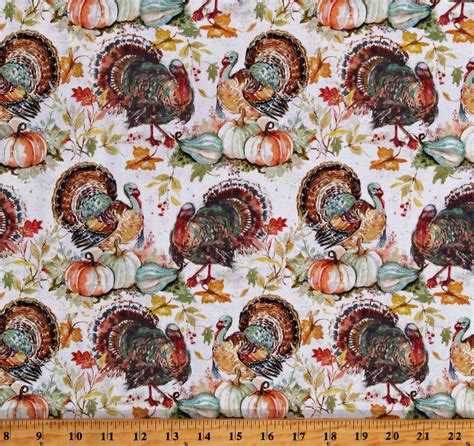 cotton turkeys and pumpkins thanksgiving autumn fall leaves cream cotton fabric print by the