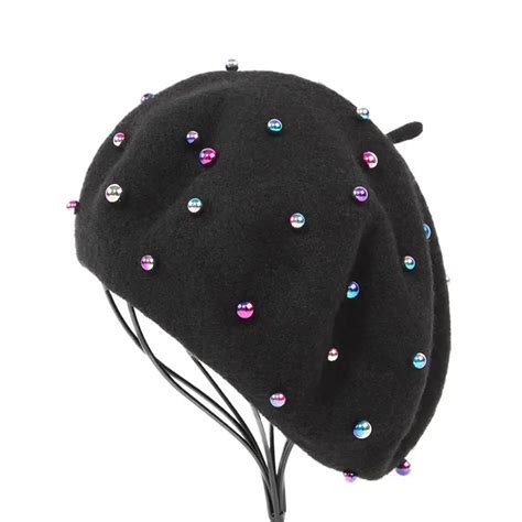 Colored Pearl Beret Femme Autumn And Winter Wool Fashion Winter Hats For Women Wool Beret With