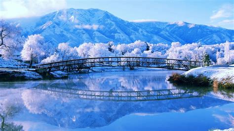 Bridge Between Body Of Water And White Covered Mountains And Trees With
