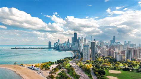 Chicago Skyline Aerial Drone View From Above Lake Michigan And City Of