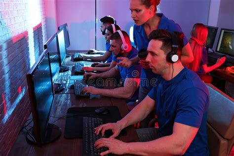 Young People Playing Video Games On Computers Esports Tournament Stock