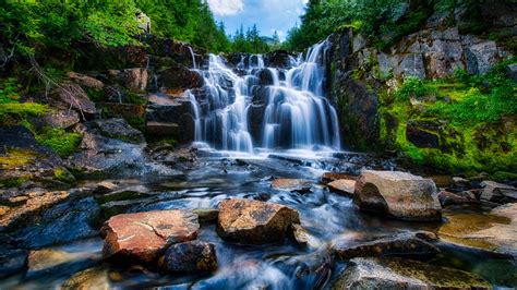 Mount Rainier National Park Washington Usa Landscape Waterfall Rocks