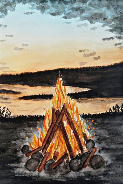 Bonfire Campfire Painting Watercolor Bonfire Painting Campfire Painting