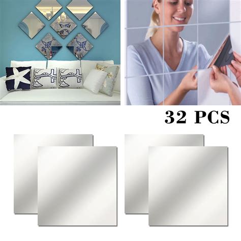 32 Pieces Flexible Mirror Sheets Self Adhesive Plastic Mirror Tiles Non Glass Mirror Stickers
