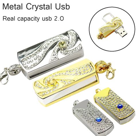 Real Capacity Metal Crystal Gold Rotary Key Chain Usb 20 Usb Flash