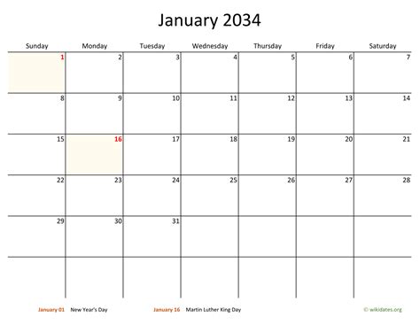 Monthly 2034 Calendar With Bigger Boxes
