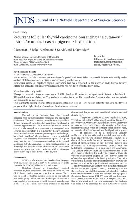 PDF Recurrent Follicular Thyroid Carcinoma Presenting As A Cutaneous