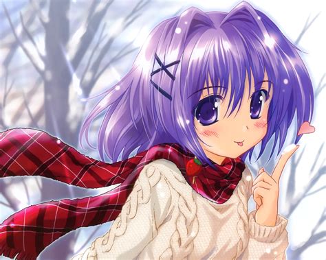 Komatsu Purple Hair Blush Anime Hearts Scarf Purple Eyes