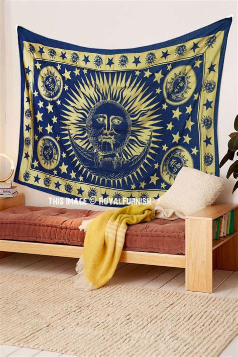 Blue And Gold Celestial Sun Moon Tapestry Wall Hanging