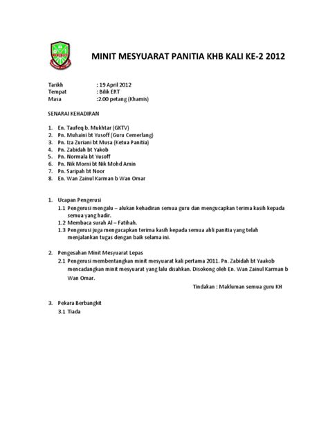 Contoh minit mesyuarat panitia bahasa melayu kali pertama. 93414085 Minit Mesyuarat Panitia Khb Kali Kedua