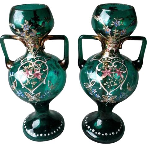 Matched Pair Stunning Bohemian Enamel Glass Vases From Diamondantique
