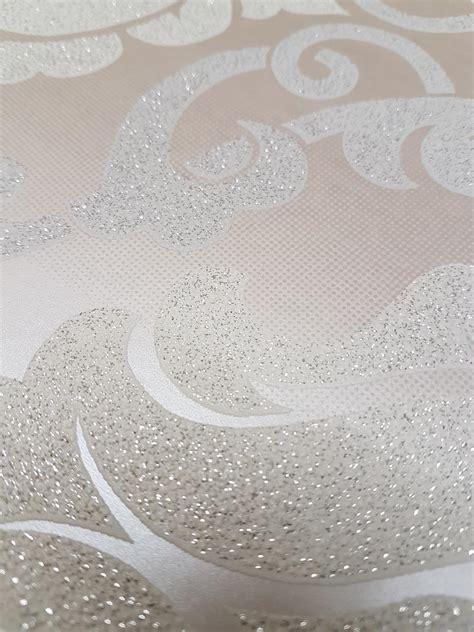 Beige Silver Damask Glitter Wallpaper Sparkle Shimmer Textured Vinyl