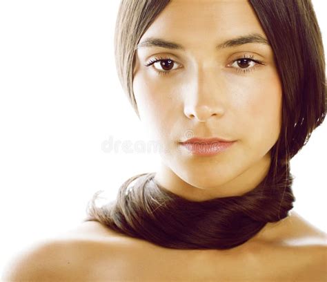 Young Fresh Brunette Tann Girl With Beauty Hairstyle Isolated On White Closeup Soft Spa Face