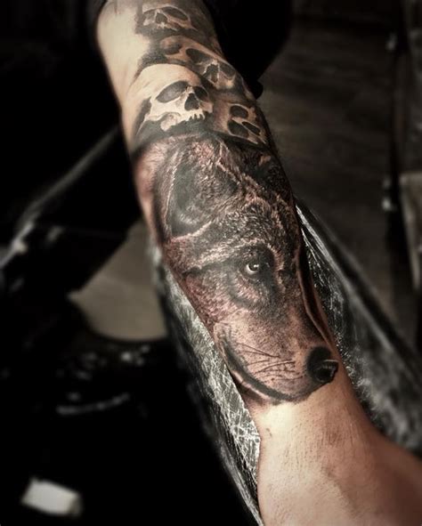 Wolfs Head Forearm Tattoo In Black And Grey By Tattoo Artist Alan Lott