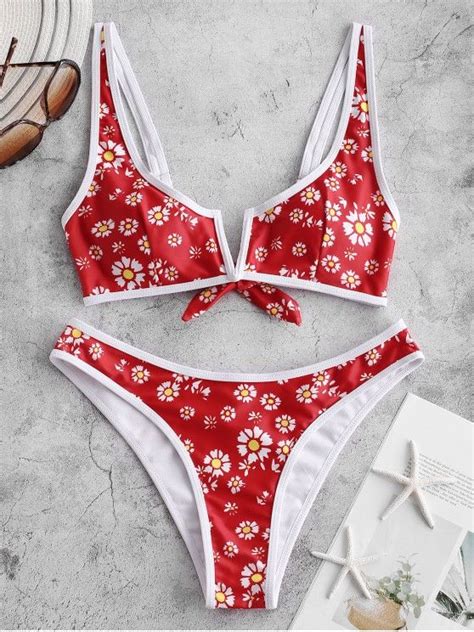 [66 off] 2021 zaful daisy print v wired high leg bikini swimsuit in lava red zaful