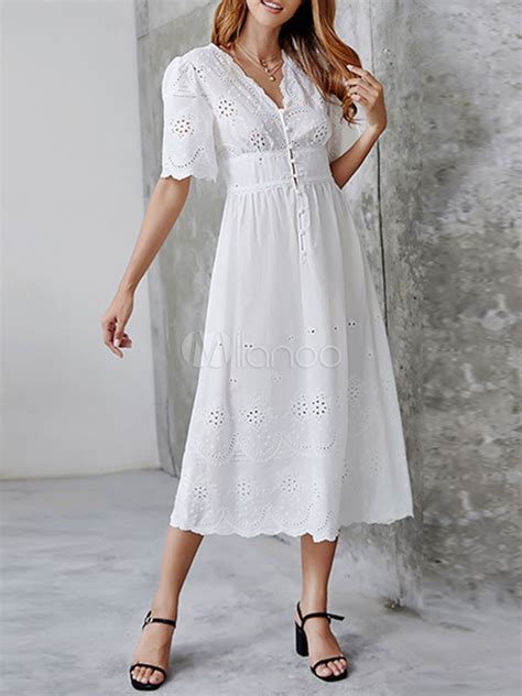 White Long Dress Cotton Eyelet Embroidered Half Sleeves V Neck Button