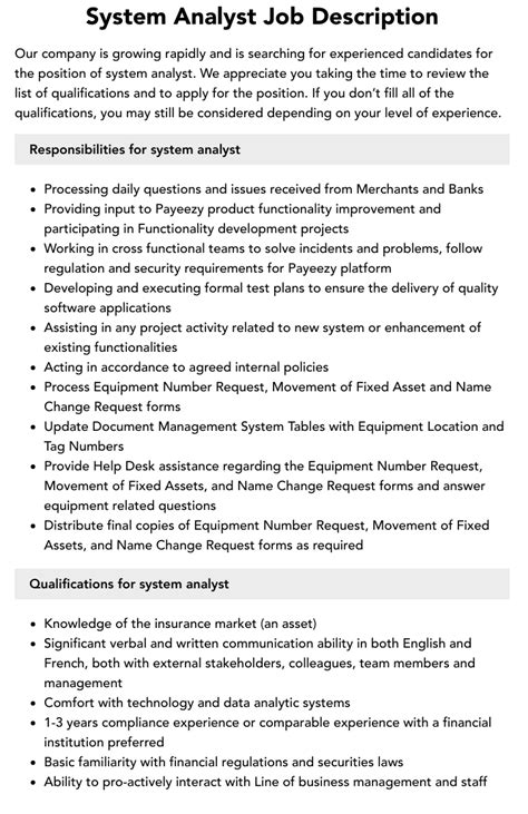 System Analyst Job Description Velvet Jobs