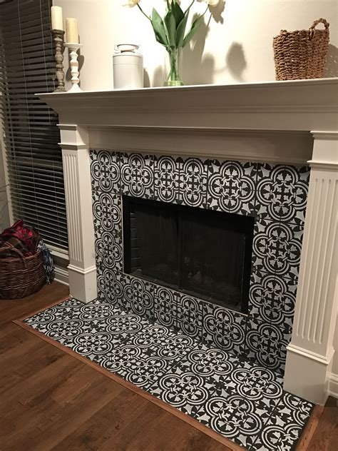 Chalk Painted And Stenciled Tile Fireplace Home Fireplace Fireplace