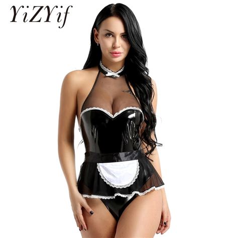 Womens Wet Look Patent Leather Maid Cosplay Costume Halter Jumpsuit With Apron Maidservant