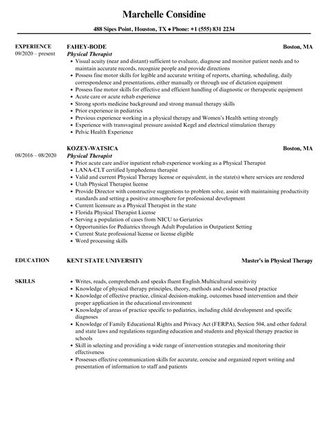 physical therapist resume samples velvet jobs