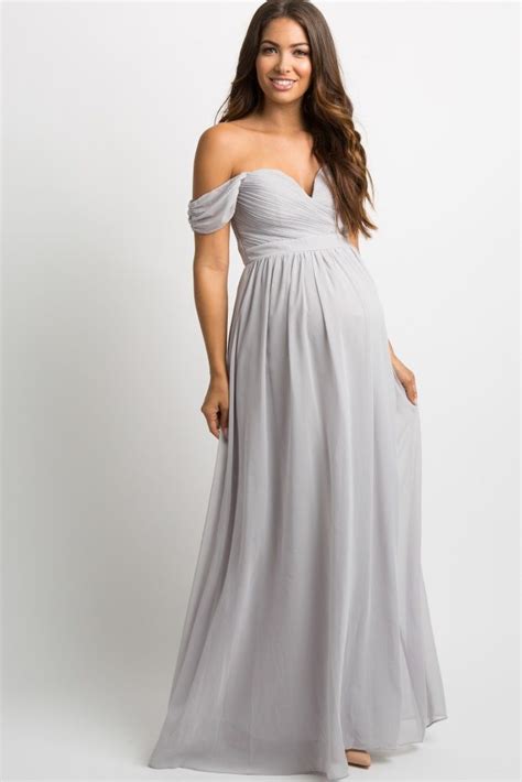 Grey Chiffon Pleated Off Shoulder Maternity Evening Gown Maternity