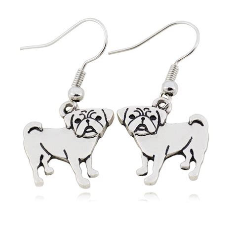 Silver Pug Dog Dangle Earrings Pet Dog Lovers