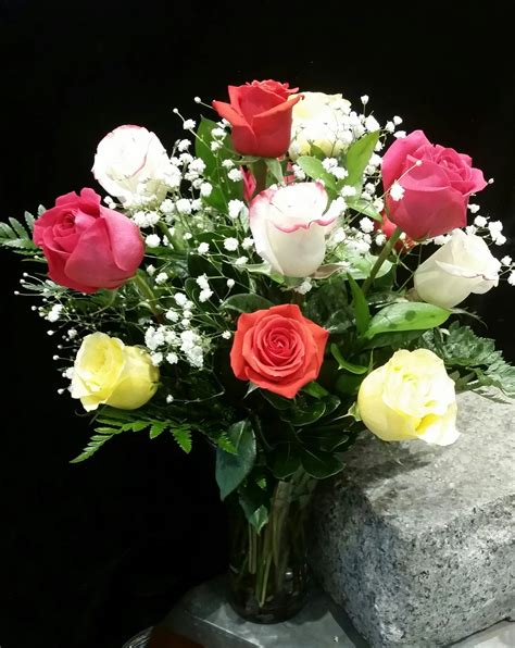 Multi Colored Dozen Roses In A Vase In Newton Ma The Crimson Petal Inc