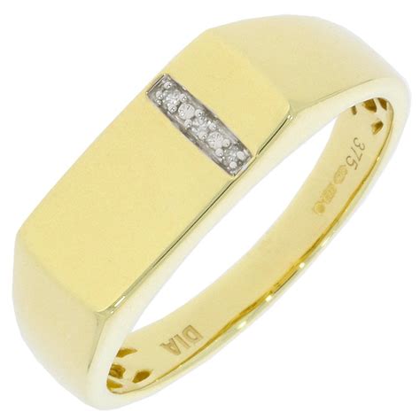 9ct Gold Gents Signet Ring With Line Of Diamond Jewellery From Adams