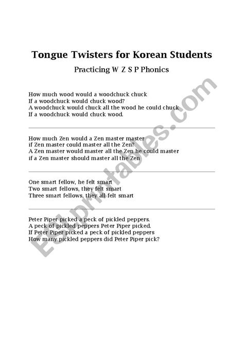 Phonics Tongue Twisters Practicing W S Z P Esl Worksheet By Emmahall