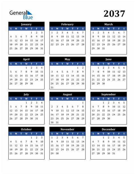 Free 2037 Calendars In Pdf Word Excel