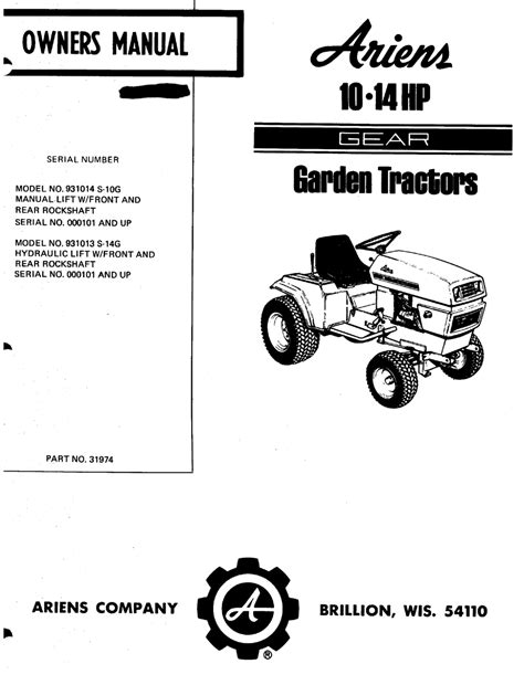 Ariens Garden Tractors 931013 S 14g Owners Manual Pdf Download