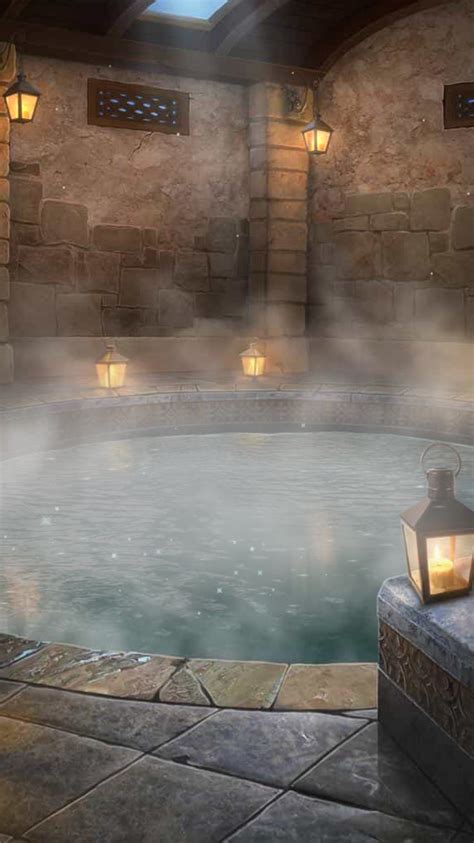 A Hot Tub With Steam Coming Out Of It And Lights On The Wall Next To It