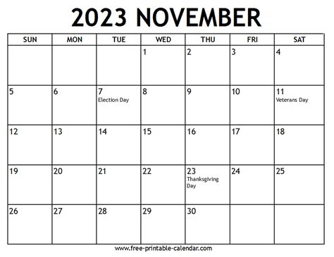 Printable 2023 November Calendar Free Printable