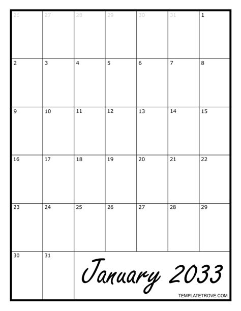 January 2033 Blank Printable Calendar