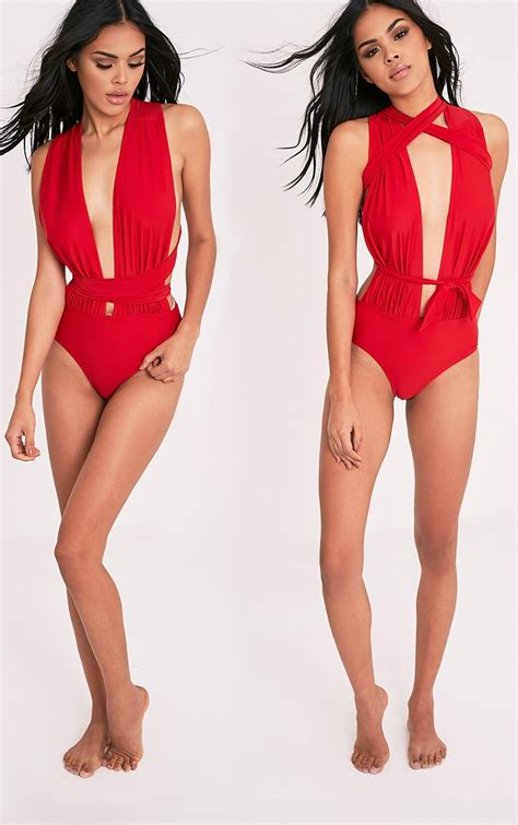 Amanda Red Multiway Swimsuit Swimwear Prettylittlething Prettylittlething