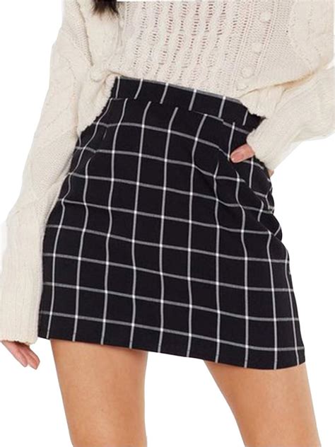 Buy Women Black And White Checkered Straight Skirt 28 Black At