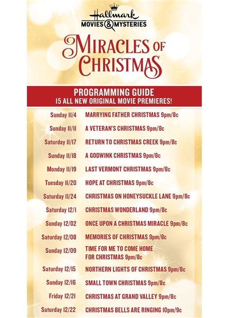 Get the schedule of upcoming syfy programming and check when your favorite series and movies are on. 2018 Hallmark/Lifetime Christmas Movie Schedule