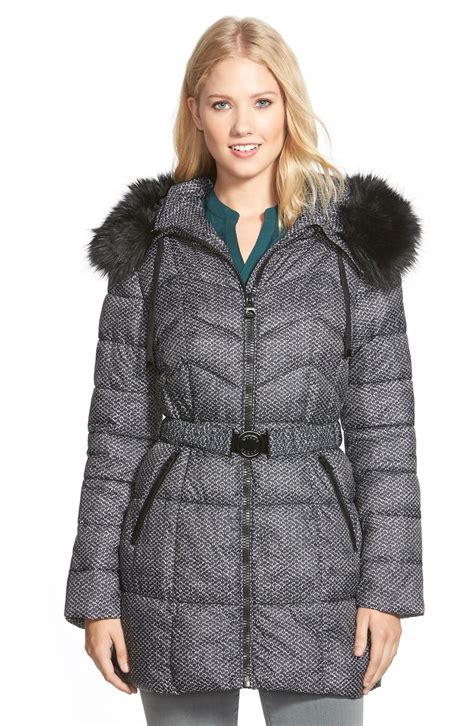 guess faux fur trim print belted quilted coat nordstrom