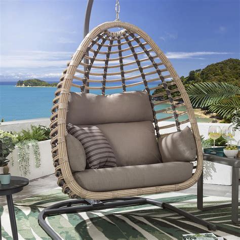 Set Of 2 Garden Egg Chairs Bamboo Single And Hammock Hanging Chair Beige