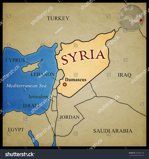 Syria Map Bordering Countries Capital Damascus Stock Illustration