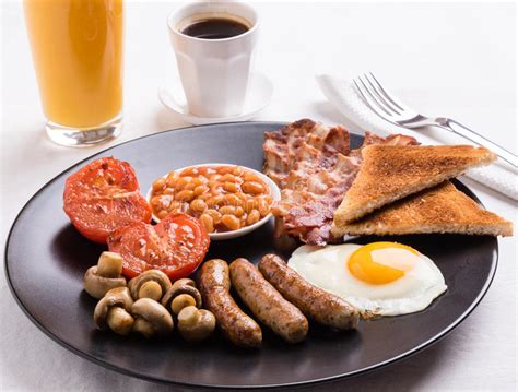 Full English Breakfast On Black Plate Stock Photo Image Of Mushroom