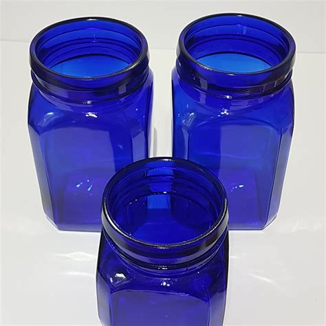 Set Of 3 Cobalt Blue Glass Canister Jars With Wood Lids Vintage Apothecary Jars Blue Kitchen