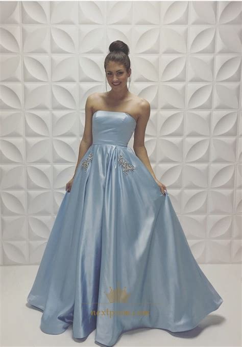 Floor Length Strapless Beaded Embellished A Line Light Blue Prom Dress