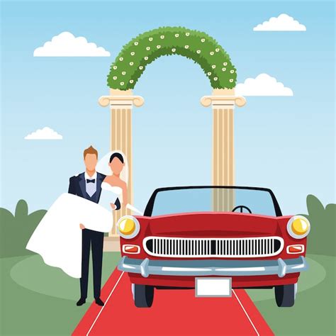 Premium Vector Groom Holding Bride In His Arms And Red Classic Car In