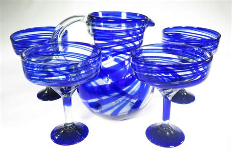 Mexican Margarita Glasses Set 4 And Matching Pitcher Blue Swirl Design