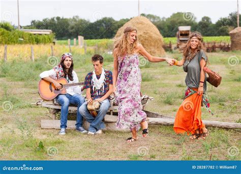 Hippie Group Outside Stock Photo Image Of Girl Guitar